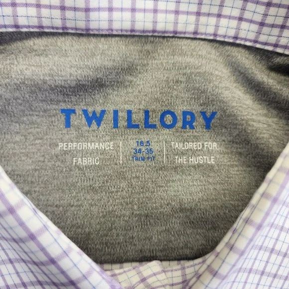 Twillory Performance Shirt Men‎ 16.5 34-35 Trim Fit Lilac Plaid Long Sleeve - Picture 4 of 7